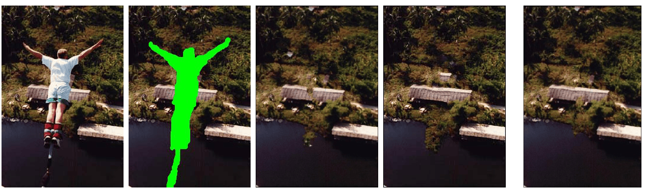 Patch-based inpainting example: a ball on a lawn, the brushed mask, and the grass filled in automatically